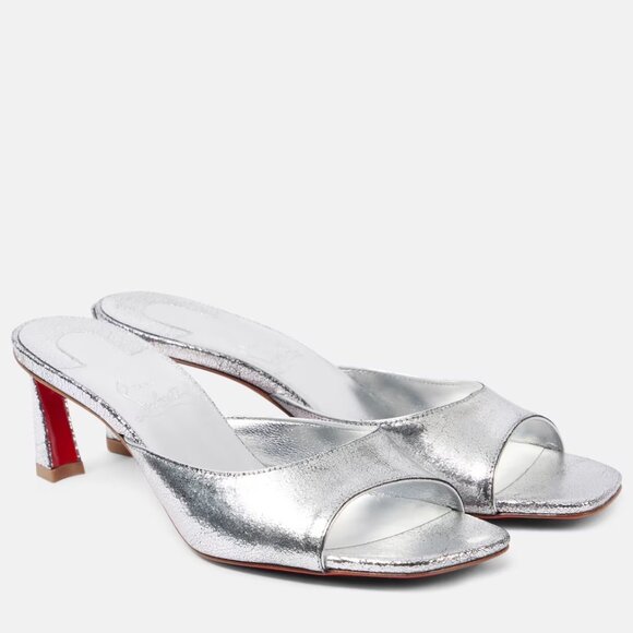 Christian Louboutin CONDORA MULE 55 Metallic Sandals Heels Shoes Silver